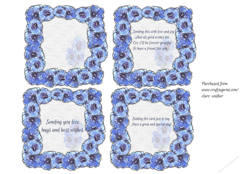 4 BLUE FLORAL GENTIAN MINI-INSERTS:  1 Blank, 3 With Verse