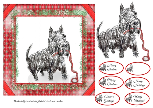 SCOTTIE DOG CHRISTMAS CARD: 7x7 Quick Card With Easy Decoupage, 6 Tags and Commercial Use