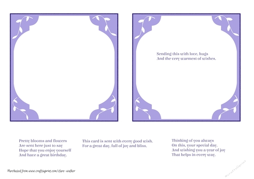 2 PURPLE AND WHITE FAUX DIE CUT INSERTS: 1 Blank, 1 with Verse, Plus 3 Bonus Verses