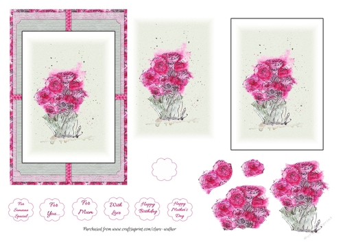 WATERCOLOUR CARNATIONS: Mother`s Day/Female Occasion Card With 6 Layers of Decoupage and 7 Sentiment Tags
