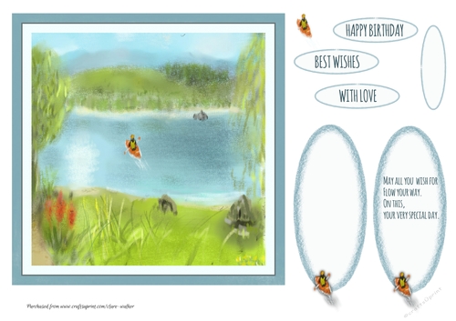 LAKE SCENE WITH KAYAK: 7x7 Quick Card With Mini Blank and Verse Toppers, Small Decoupage and 4 Sentiment Tags