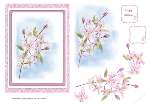 CLEMATIS CARD FRONT: 5x7 Pink Floral Birthday Card With 4 Layers of Decoupage
