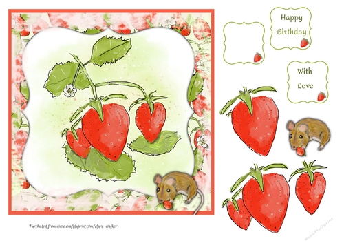 STRAWBERRY MOUSE: 7x7 Step by Step Card With Decoupage and 3 Sentiment Tags