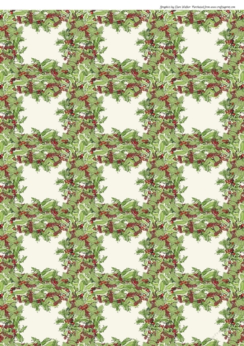 2 CHRISTMAS HOLLY WREATH  PLAID BACKGROUND: A4  Multi-Directional Patterned Backing Paper