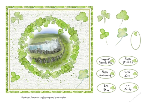 ST PATRICKS DAY SCENERY AND SHAMROCKS: 7x7 Quick Card With Easy Decoupage and 7 Sentiment Tags