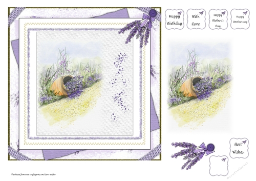 LAVENDER CASCADE: 7x7 Floral Quick Card With Decoupage and 6 Sentiment Tags