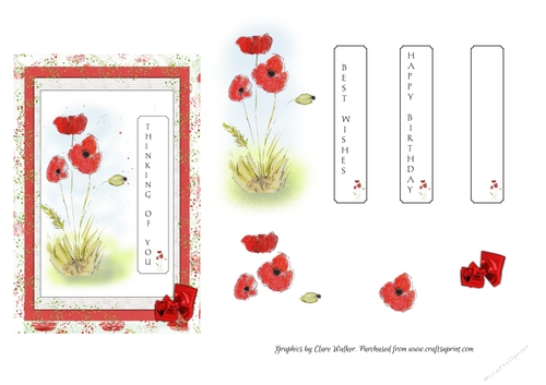 POPPY: Thinking of You 4x6 Card Front With Optional Decoupage and 3 Tags