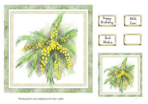 MIMOSA FLOWERS: 7x7 Yellow Floral Watercolour Quick Card With Mini Topper Gift Tag and 4 Sentiments