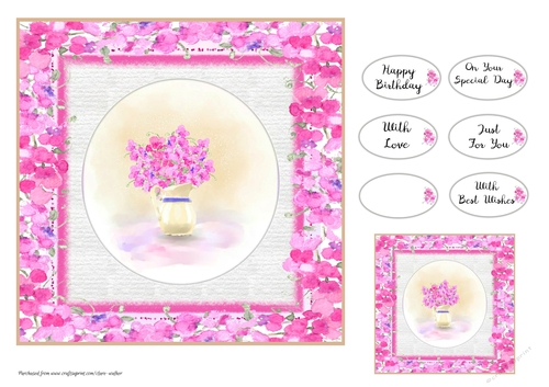 PINK SWEET PEAS: 7x7 Birthday Floral Quick Card With Mini Topper and 6 Tags