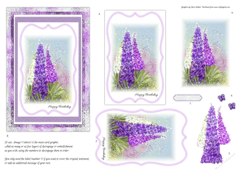 WATERCOLOUR LUPIN FLOWERS: 4x6 Pink and Purple Floral Birthday Card With Decoupage