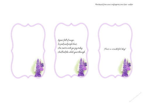 3 WATERCOLOUR LUPIN INSERTS: 1 Blank, 1 With Verse, 1 With Short Sentiment