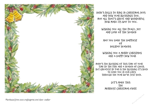 CHRISTMAS BELLS AND BERRIES INSERT: 7x7 Blank Insert With 6 Bonus Seasonal Verses