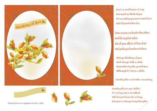 LEAF AND BERRIES ALL-IN-ONE THINKING OF YOU CARD: 4x6 Card Front, With Decoupage/Embellishments, Blank Insert, and 5 Bonus Verses