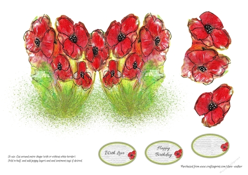 POPPY SHAPED CARD: Red Watercolour Birthday Poppies With 2 Decoupage Layers and 3 Sentiment Tags