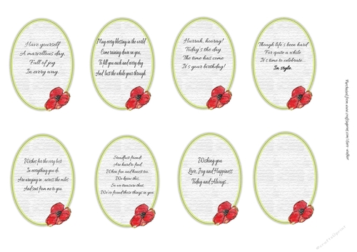 8 POPPY MINI-INSERTS/MINI-TOPPERS: 1 Blank, 7 With Birthday/Occasion Verse