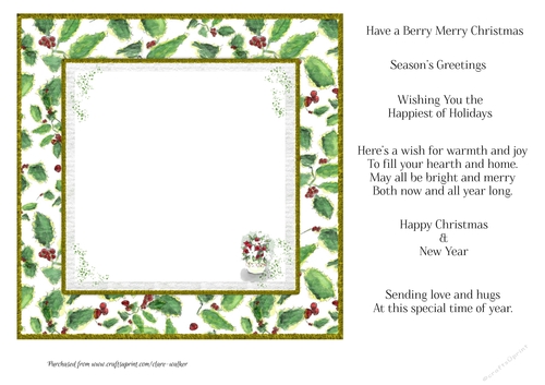 WATERCOLOUR HOLLY PATTERNED INSERT: 7x7 Blank  Christmas Insert With 6 Mix N Match Bonus Festive Verses /Sentiments