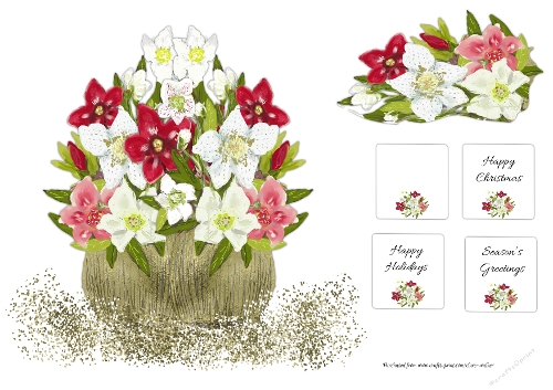 CHRISTMAS FLORAL VASE BOUQUET: Shaped Card Front With Decoupage and 4 Tags/Mini Inserts
