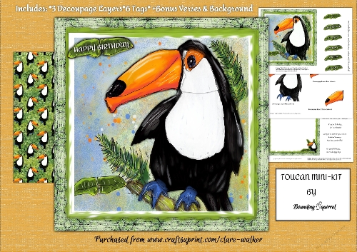 TOUCAN MINI KIT: Easy, 4 Page Birthday/Occasion Kit, With Decoupage, Bonus Verses and Patterned Paper