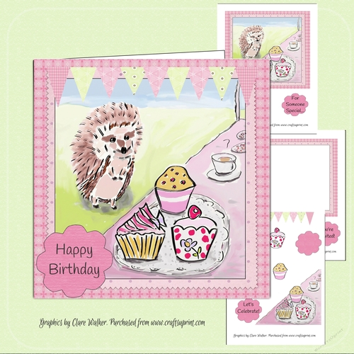 HEDGEHOG AND CAKES-7 by 7 inch Decoupage and insert Mini Kit, Easy to Make, With Commercial Use.