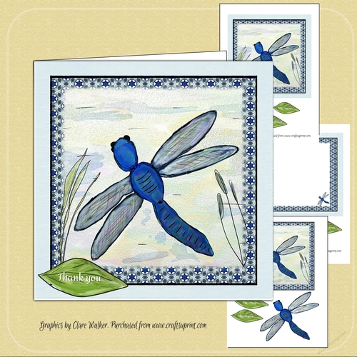 BLUE DRAGONFLY-7 by 7 inch  Dragonfly Decoupage and insert Mini Kit, with 7 Sentiment Tags and Commercial Use