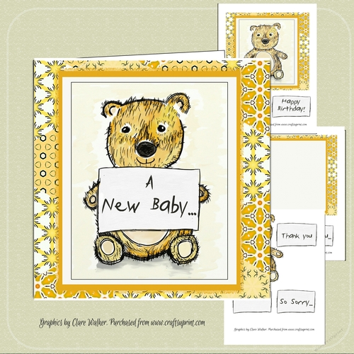 TEDDY BEAR BABY CARD-7 by 7 inch Easy Decoupage and insert Mini Kit, with 7 Sentiment Tags & Commercial Use
