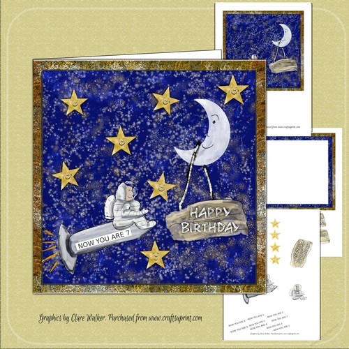 SPACEMAN BIRTHDAY CARD- Ages 1-9 Birthday Card 7 by 7 inch Decoupage and insert Mini Kit, With Commercial Use.