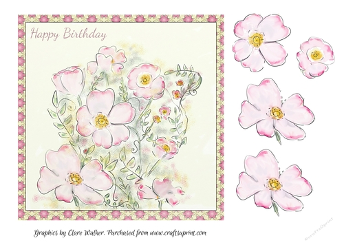 WILD ROSES Happy Birthday Topper with Extra Decoupage Pink Roses
