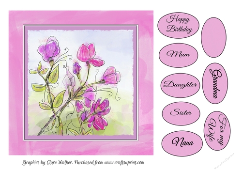 SWEET PEAS-Birthday Floral Birthday Card Topper 7x7 with 8 Sentiment Tags & Commercial Use
