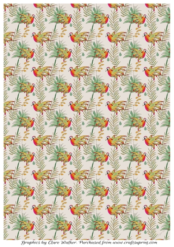 Parrots and Palm Leaves Background in Gold, Green, Orange & Deep Pink