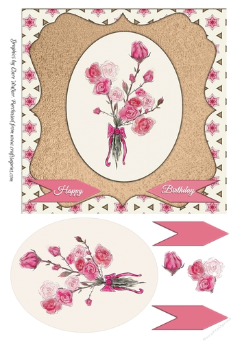 FLORAL ROSE VIGNETTE-Happy Birthday Topper, 7 by 7 Pink Roses, & Extra Decoupage