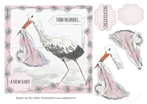 STORK & DAISIES PINK BABY GIRL CARD Topper with Extra Decoupage
