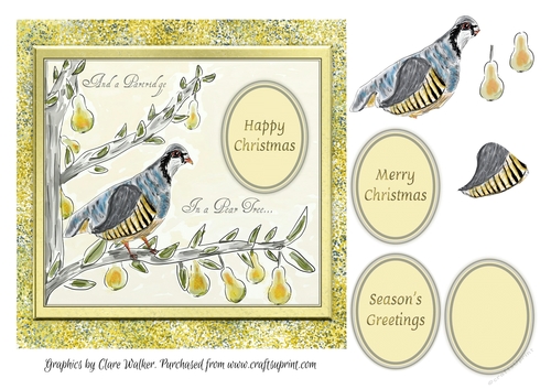 PARTRIDGE IN A PEAR TREE CHRISTMAS CARD TOPPER,  7x7 with Extra Decoupage & 3 sentiment tags