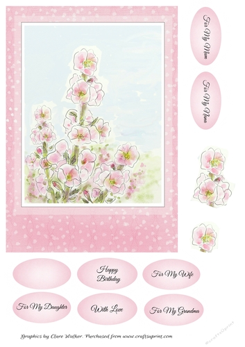 PINK HOLLYHOCKS: A5 Birthday Floral Card Topper With 8 Sentiment Tags, Decoupage & Commercial Use