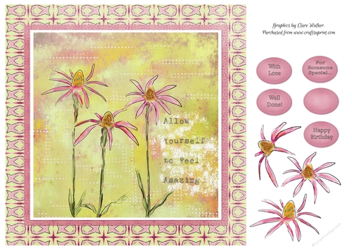 PINK CONEFLOWERS: 8x8 Birthday Floral Quick Card With Extra Decoupage and Commercial Use