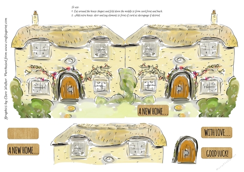 New Home Cottage-Shaped Card With Decoupage, 4 Sentiment Tags & Commercial Use