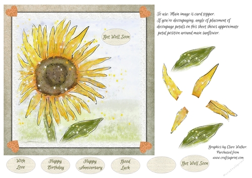 SUNFLOWER-Get Well Card Topper with Decoupage, 6 Sentiment Tags & Commercial Use