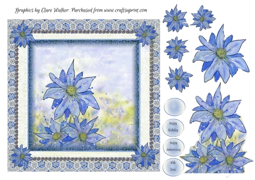 BLUE FLOWERS Step by Step Decoupage, 7x7, with 4 Sentiment Tags & Commercial Use