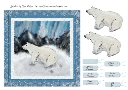 POLAR BEAR CHRISTMAS CARD, With Polar Bear Decoupage, 7 Sentiment Tags & Commercial Use