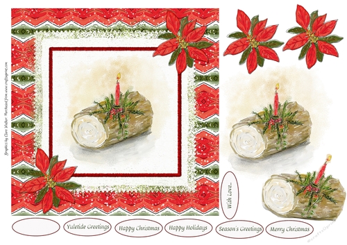 YULE LOG & POINSETTIAS - Christmas Decoupage 7x7 Step by Step Card Front With Commercial Use