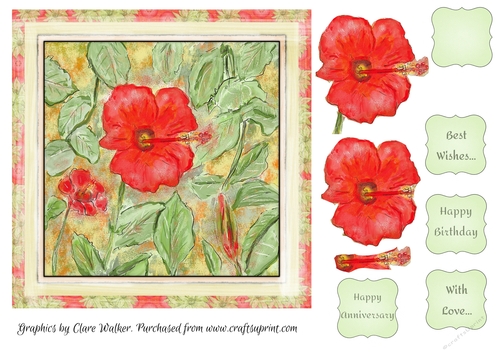 RED HIBISCUS: Birthday Floral Quick Card, 7x7, with Easy Decoupage, 5 Sentiment tags & Commercial Use