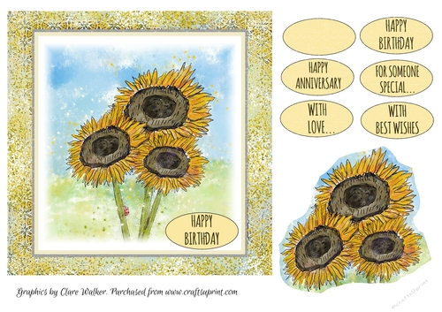 HAPPY BIRTHDAY SUNFLOWERS: 7x7, with  Optional Sunflower decoupage and Commercial Use