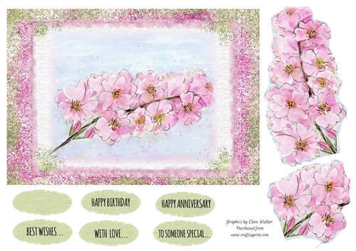 PINK CHERRY BLOSSOM: A5 Step-By-Step Card Front With Decoupage and Commercial Use