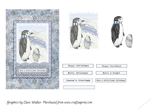 CUTE PENGUIN CHRISTMAS TOPPER-6 by 4 inch with Decoupage, 7 Sentiment Tags and Commercial Use