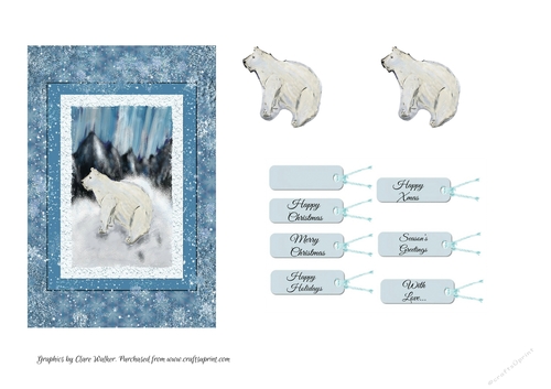 POLAR BEAR CHRISTMAS CARD TOPPER-6 by 4, With Decoupage and 7 Sentiment Tags