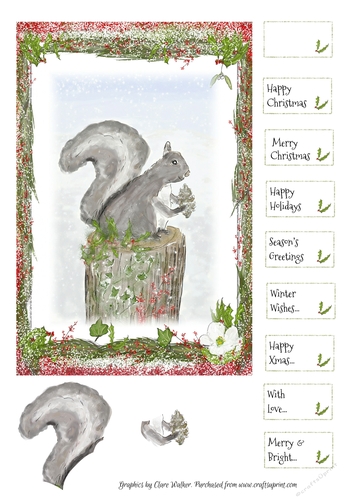 CUTE SQUIRREL CHRISTMAS CARD With Easy Decoupage, 9 Sentiment Tags & Commercial Use 