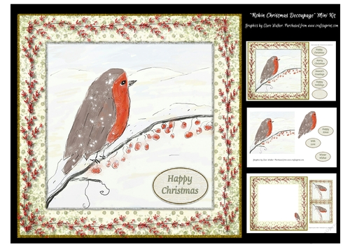 ROBIN CHRISTMAS DECOUPAGE: 8 by 8 Inch Mini Kit with 8 Sentiment Tags & Commercial Use