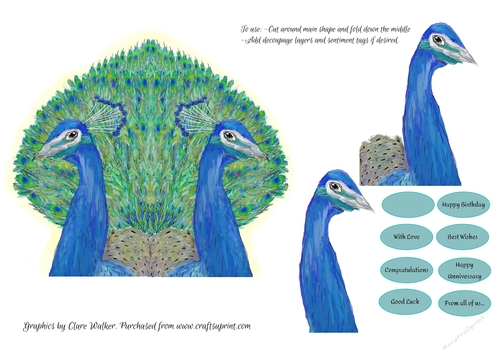 PEACOCK-SHAPED CARD with Decoupage For Birthdays and Other Occasions, With Commercial Use