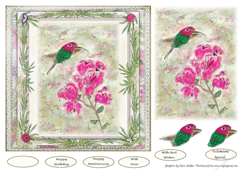 HUMMINGBIRD CARD: Easy 7x7 Hummingbird Birthday Step-by-Step/Decoupage Card Front, with 6 Sentiment Tags & Commercial Use