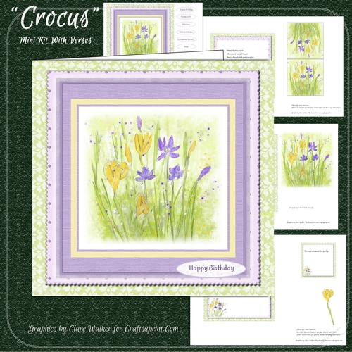 CROCUS: 8 by 8 Floral Card Front Mini Kit With Decoupage, Blank & Verse Inserts, 8 Sentiment Tags & Bonus Gift Tag