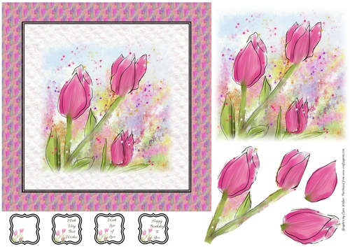 PINK TULIPS: 7x7  Floral Tulip Decoupage Card Front With 4 Sentiment Tags & Commercial Use